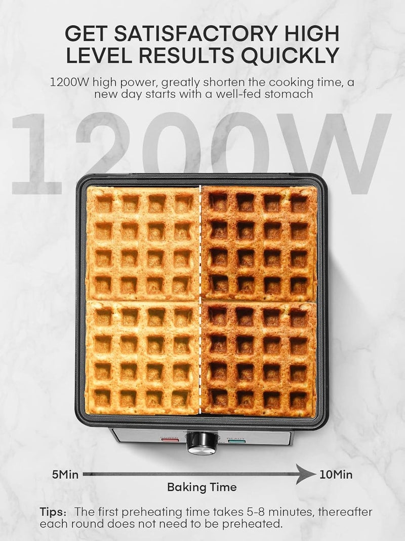 FOHERE 1200W Belgian Waffle Maker 4-Slice, Stainless Steel, 5 Browning Levels, Non-Stick Surfaces, Silver/Black, - Perfect for Family Breakfasts (Black) - Image 3